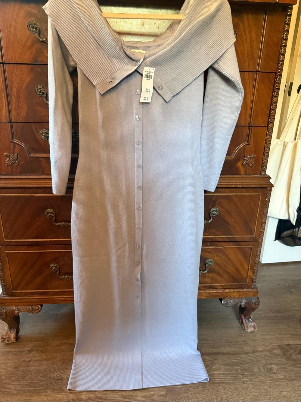 Button-Front Ribbed Knit Off the Shoulder Dress in Lavender